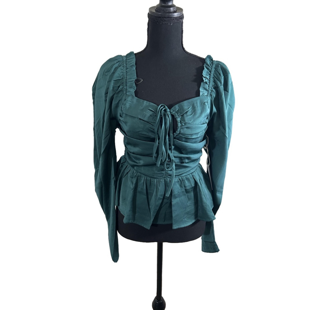 Six/Fifty Women's Long-Sleeve Green Blouse w/ Peplum Waist